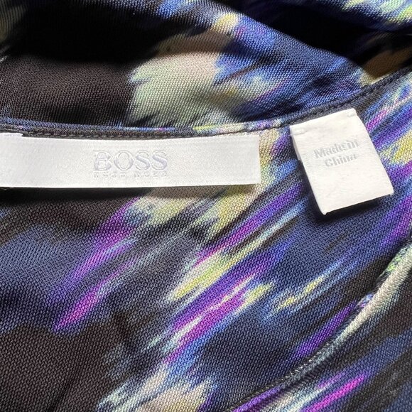 Boss Hugo Boss Size L Blue Black Abstract Print 3/4 Sleeve Ruched Sheath Dress - Picture 3 of 15